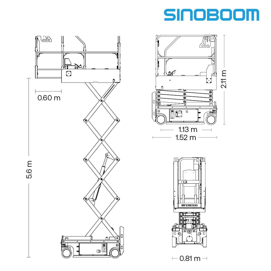 Diagrama de plataforma tijera eléctrica Sinoboom 1932SE en uso para elevación de personal.