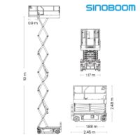 Diagrama de tijera eléctrica Sinoboom 3346E elevada a máxima altura de trabajo.
