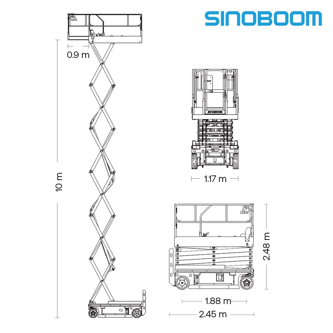 Diagrama de tijera eléctrica Sinoboom 3346E elevada a máxima altura de trabajo.