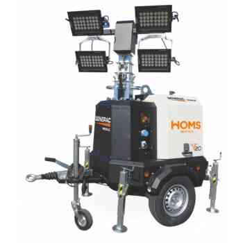 Torre de iluminación móvil con cuatro focos LED orientables para trabajos en obra.