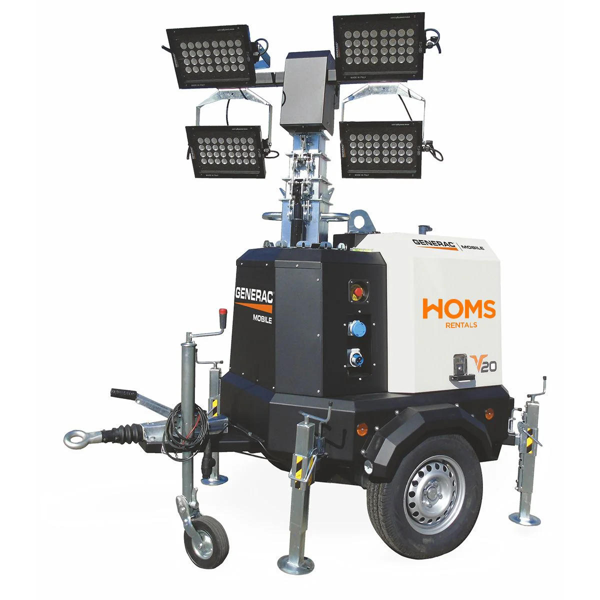 Torre de iluminación móvil monofásica con cuatro focos LED de alta eficiencia para obras y eventos.