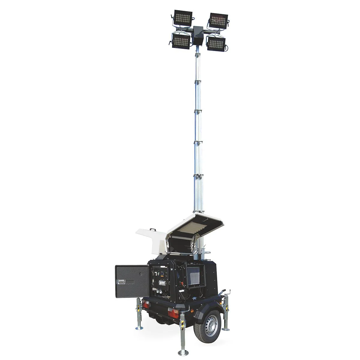 Torre de iluminación portátil con focos LED para espectáculos y eventos al aire libre.