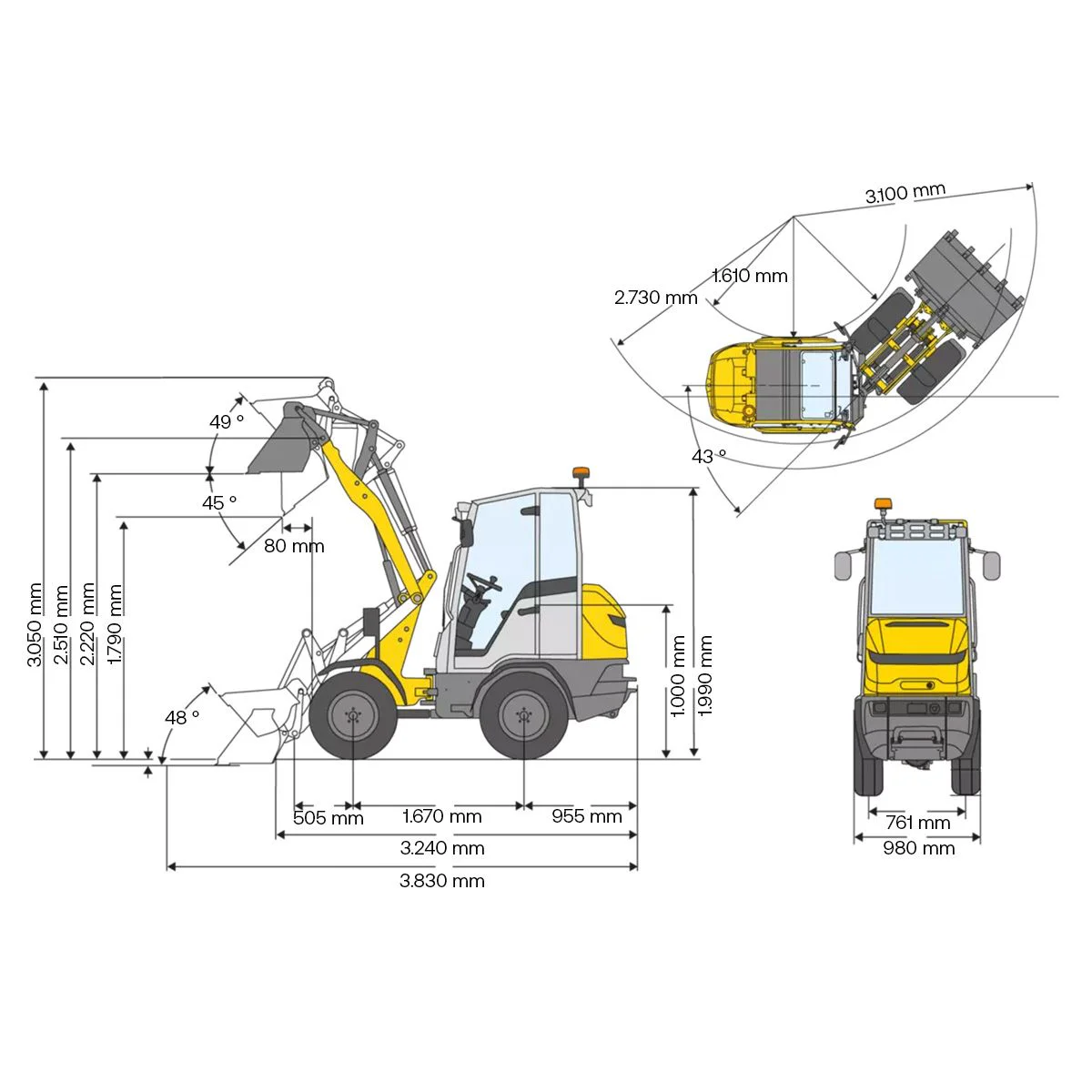 Diagrama de medidas de la pala cargadora Wacker Neuson WL250.