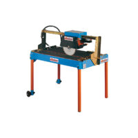Blue industrial cut-off saw on a metal stand with orange legs, used for metal cutting in workshops