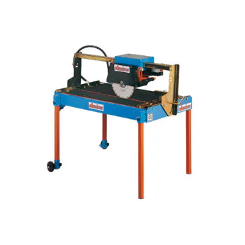 Blue industrial cut-off saw on a metal stand with orange legs, used for metal cutting in workshops