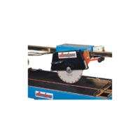 Circular saw attachment mounted on a blue Durher industrial cutting machine, positioned on a track for precise cuts