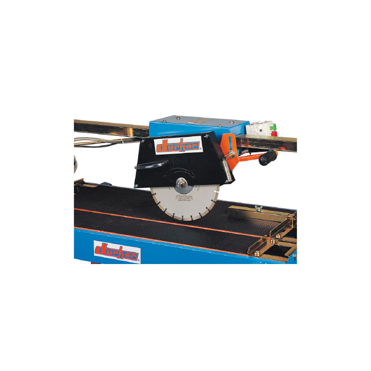 Circular saw attachment mounted on a blue Durher industrial cutting machine, positioned on a track for precise cuts