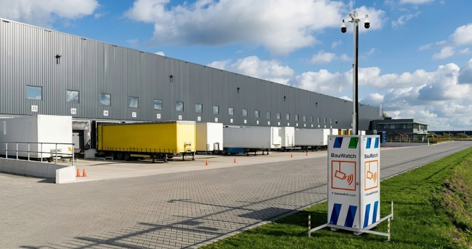 Industrial warehouse loading dock with several trailers parked at bays; a yellow trailer near the front and a BauWatch sign in the foreground.